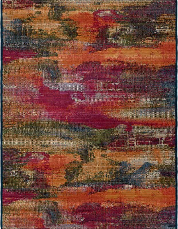 A multi-colored modern abstract runner rug with vibrant orange, red, blue, and green tones, ideal for a hallway or patio.