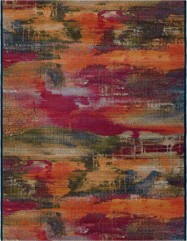 A 10 ft runner rug with a vibrant, multi-colored abstract pattern in shades of orange, red, blue, and green, suitable for hallways or patios.
