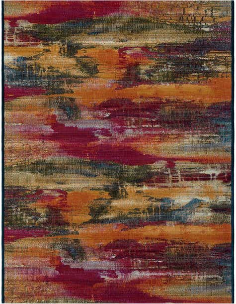 A 12 ft multi-colored runner rug with an abstract modern pattern featuring shades of orange, red, blue, and green, suitable for a hallway or patio.