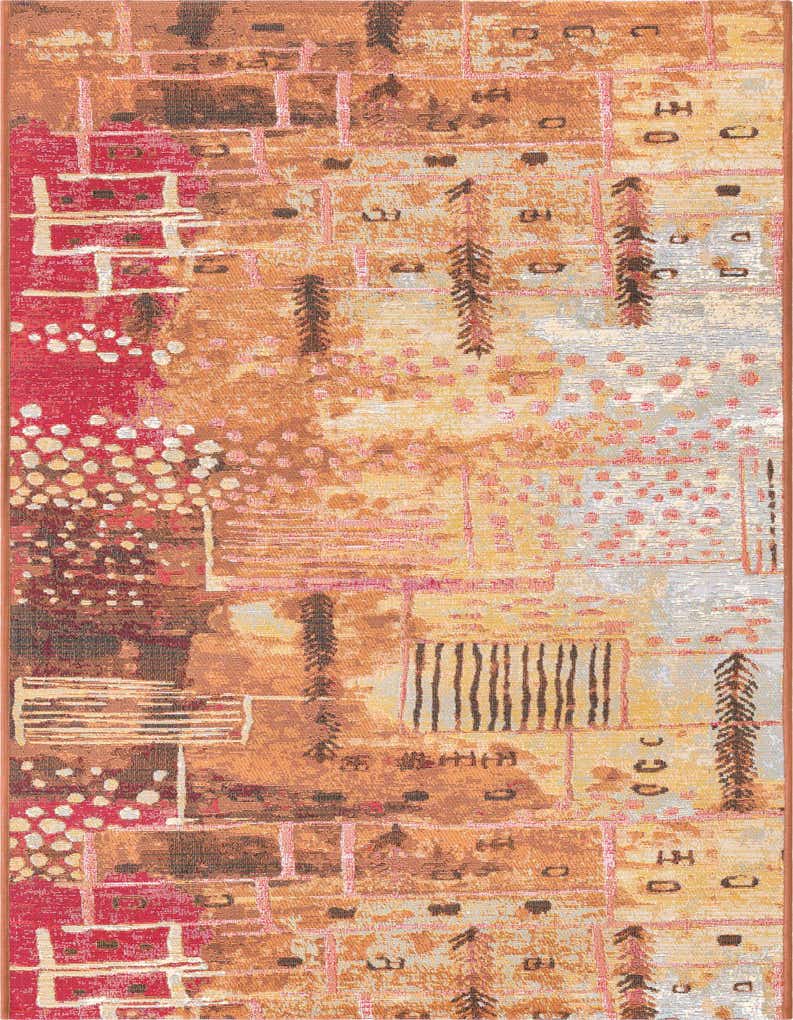 A multi-colored 7 ft runner rug with a modern, abstract pattern featuring shades of red, orange, brown, and cream, ideal for a hallway or patio.