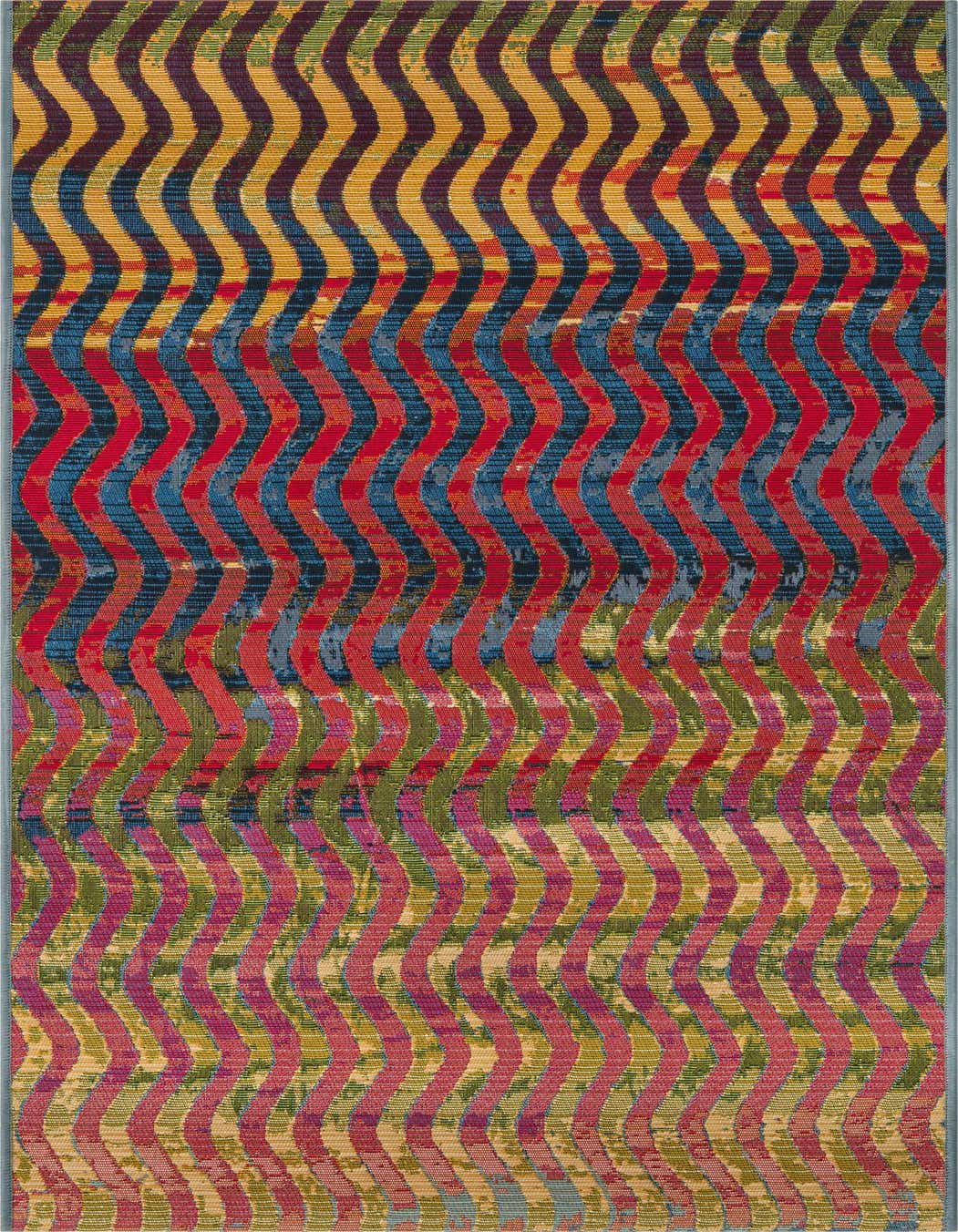 A 5 ft multi-colored runner rug with a modern wavy stripe pattern in shades of red, blue, yellow, green, and purple, suitable for a hallway or patio.