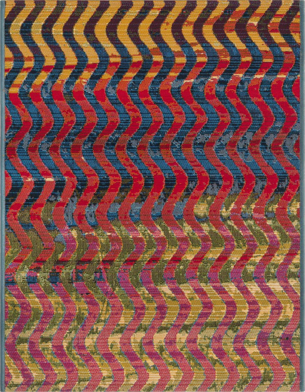 A 4 ft runner rug with a modern wavy stripe pattern in vibrant multi-colors including red, blue, yellow, and green, suitable for a hallway or patio.