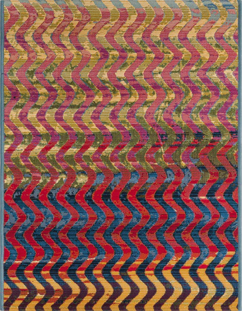 A 5 ft runner rug featuring a vibrant, multi-colored modern stripe pattern with wavy lines in red, blue, green, yellow, and purple.