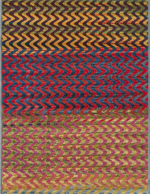 A multi-colored 11 ft runner rug with a modern wavy stripe pattern in shades of red, blue, green, and gold, suitable for a hallway or patio.