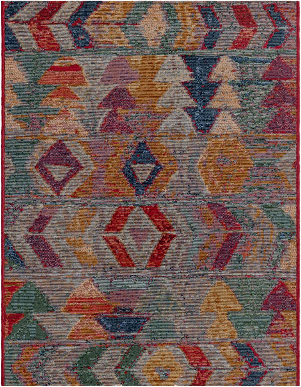 A multi-colored 5 ft runner rug with a Southwestern tribal pattern, featuring geometric shapes in red, blue, green, and orange.