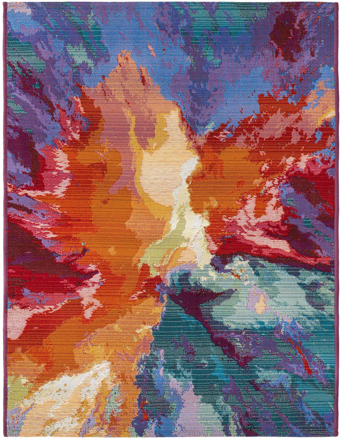 A vibrant 5 ft runner rug featuring an abstract, painterly design with bold strokes of red, orange, blue, and purple.