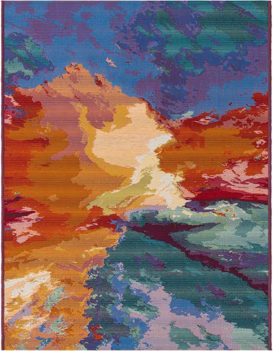 A 10 ft runner rug featuring an abstract, multi-colored pattern with vibrant blues, oranges, reds, and greens, suitable for a hallway or patio.