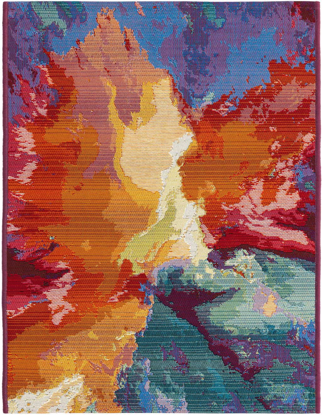 A vibrant 4 ft runner rug with an abstract, multi-colored pattern in shades of orange, blue, red, and green, suitable for a hallway or patio.