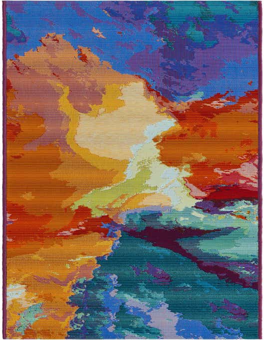 A vibrant 8 ft runner rug with an abstract, multi-colored pattern featuring shades of orange, blue, green, and purple, suitable for a hallway or patio.
