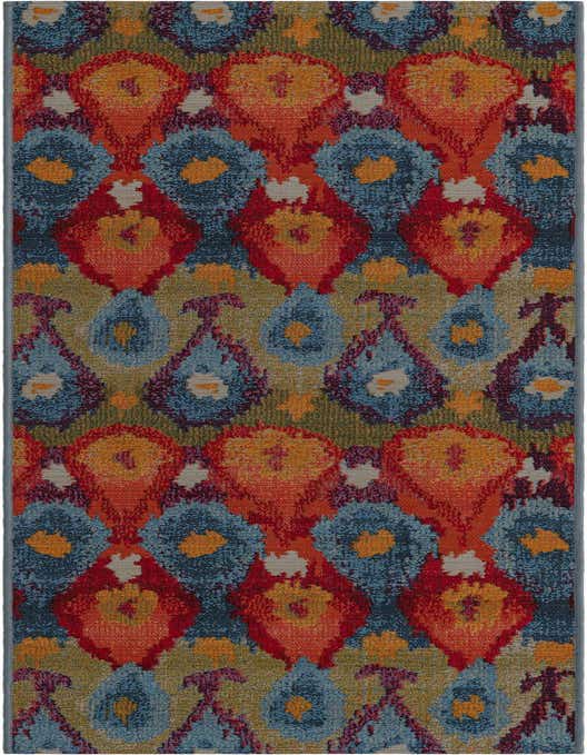A vibrant 8 ft runner rug featuring an abstract ikat pattern in shades of red, orange, blue, and green, suitable for a hallway or patio.