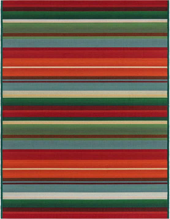 A 10 Ft runner rug with modern multi-colored stripes in shades of red, orange, green, blue, and brown, suitable for a patio or hallway.