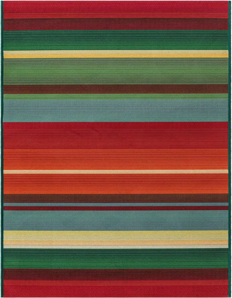 A 7 ft runner rug featuring wide horizontal stripes in vibrant multi-colors like red, green, orange, blue, and yellow.