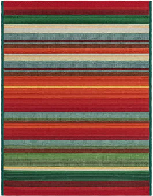 A vibrant 8 ft runner rug with horizontal stripes in various widths, featuring shades of red, green, blue, orange, yellow, and brown, perfect for a hallway or patio.