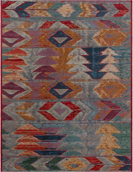 A 10 ft multi-colored runner rug with a vibrant Southwestern and tribal abstract pattern, ideal for a hallway or patio.