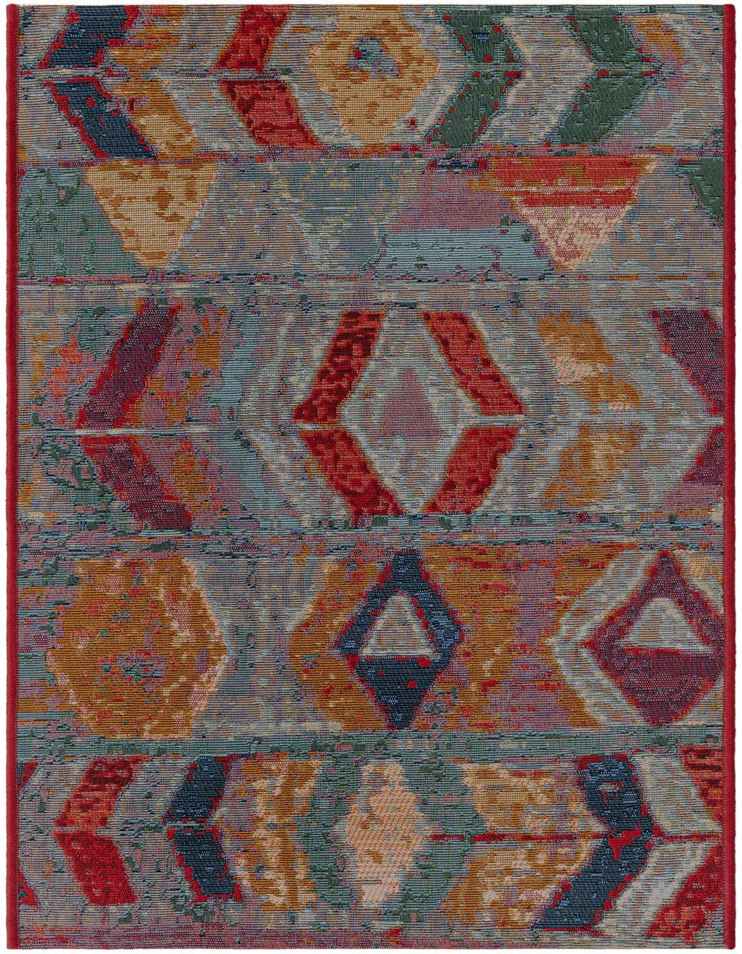 A multi-colored 4 ft runner rug featuring a vibrant Southwestern tribal pattern with geometric shapes in red, blue, green, and orange, suitable for a hallway or patio.