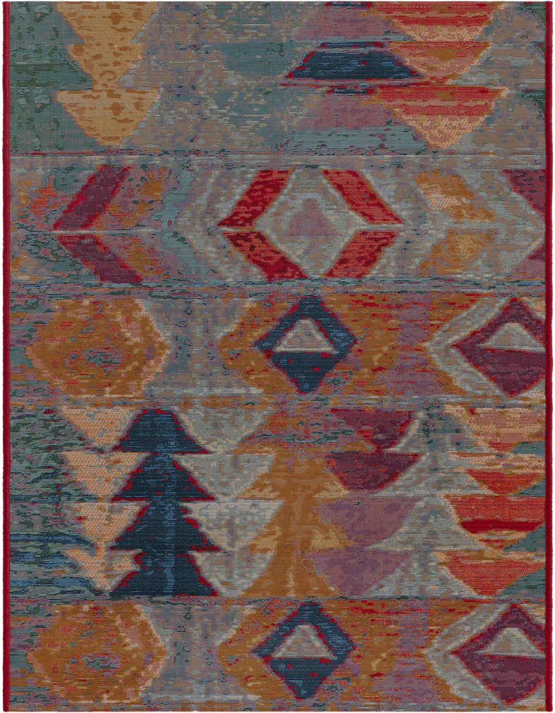 A 7 ft multi-colored runner rug featuring a modern abstract Southwestern pattern with various geometric shapes in shades of blue, red, orange, and purple.