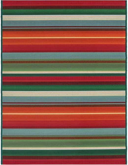 A vibrant multi-colored striped runner rug with bands of red, green, blue, orange, brown, and cream, suitable for a hallway or patio.