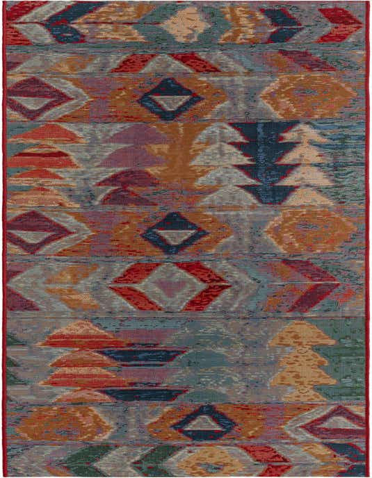A multi-colored 11 ft runner rug with a Southwestern and tribal pattern featuring diamonds and triangles in various shades of red, blue, orange, and grey.