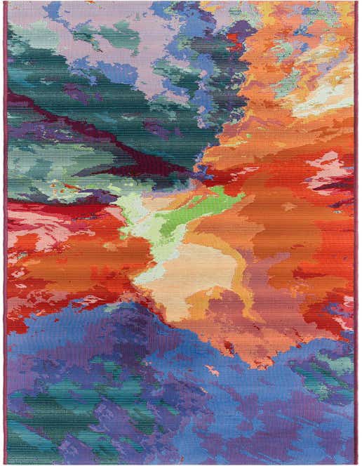 A vibrant 11 ft runner rug with an abstract, multi-colored pattern in shades of blue, orange, green, and purple, suitable for a hallway or patio.