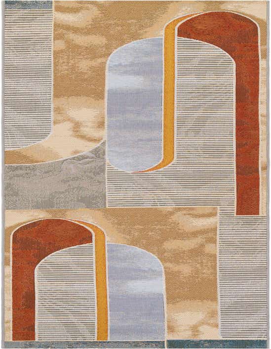 A 10 ft runner rug with a multi-colored abstract modern design featuring terracotta arches, light blue rectangles, and horizontal striped grey sections on a beige background.