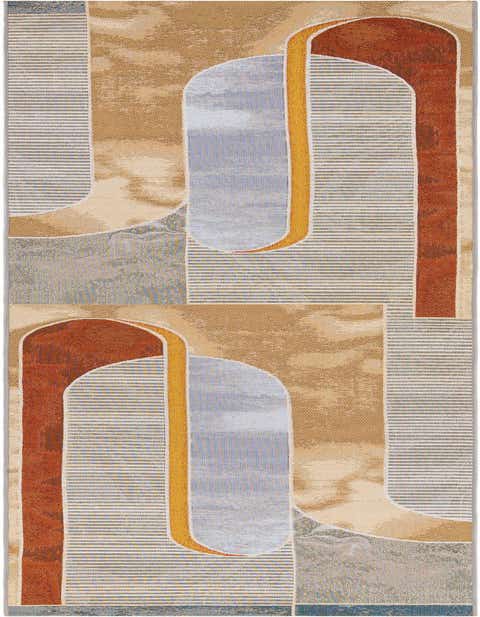 A 12 ft multi-colored runner rug with a modern abstract design featuring terracotta, blue, gold, and tan shapes and stripes.