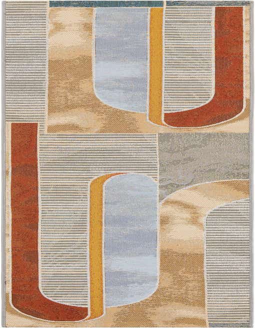A multi-colored 8 ft runner rug with a contemporary abstract pattern featuring various shapes and textures in rust, gold, light blue, and beige.