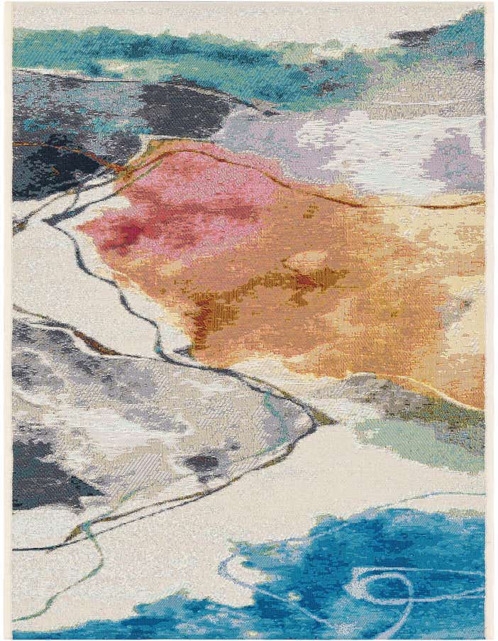 A 6 ft runner rug with a vibrant abstract pattern in multi-colors, featuring shades of pink, orange, blue, and grey on a light background.