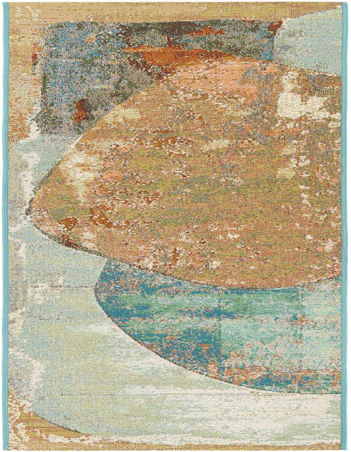 A 6 ft runner rug with a modern abstract pattern in multi-colored hues, featuring shapes of teal, rust, and beige.
