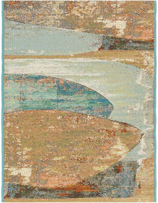 A multi-colored 8 ft runner rug with an abstract, modern pattern in shades of blue, teal, orange, and beige, suitable for a hallway or patio.