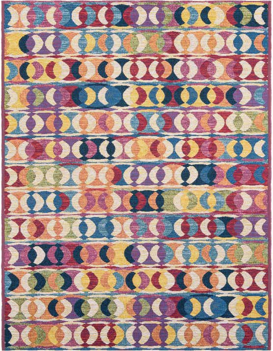 A 10 ft runner rug with a vibrant, multi-colored abstract pattern of interlocking ovals in a flatweave texture.