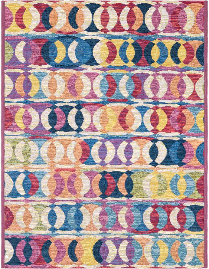 A vibrant 6 ft runner rug featuring a modern abstract pattern of interlocking ovals in multi-colored hues like blue, red, yellow, and orange.
