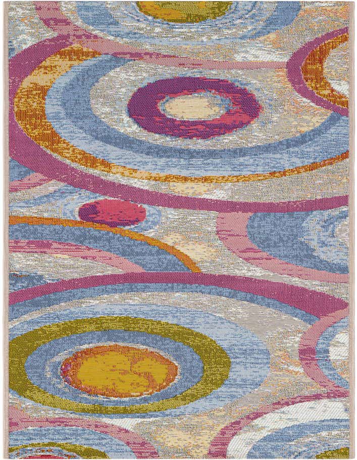A multi-colored 6 ft runner rug with a modern abstract pattern of overlapping circles in blue, pink, orange, and green.