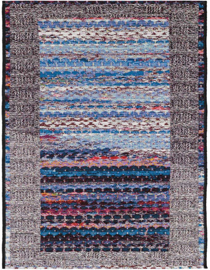 A 6 ft runner rug with a modern multi-colored stripe pattern, featuring blues, reds, and purples, bordered by a textured gray and black design.