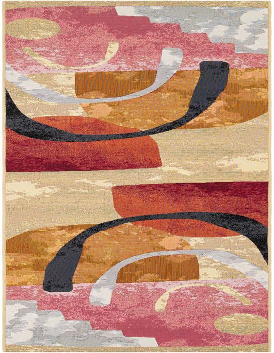 A 10 ft runner rug with a vibrant, multi-colored abstract pattern featuring shapes in red, orange, pink, yellow, black, and gray.