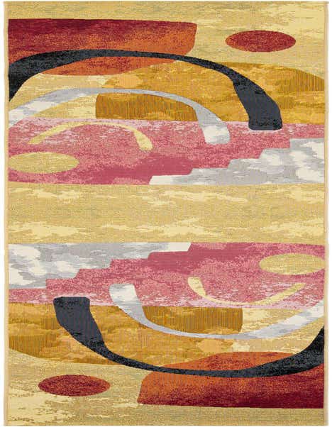 A 12 ft runner rug with a modern abstract pattern in multi-colored hues, featuring red, orange, yellow, and gray shapes.