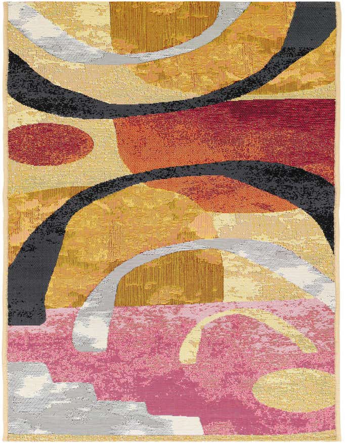 A 6 ft runner rug featuring a multi-colored abstract design with bold shapes in pink, orange, yellow, and black, ideal for a hallway or patio.