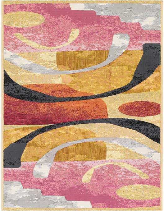 A vibrant 8 ft runner rug with an abstract modern pattern in shades of pink, orange, yellow, and gray.