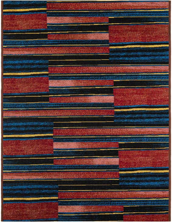 A 10 ft runner rug featuring a modern, multi-colored stripe pattern in red, black, blue, and yellow, ideal for hallways or patios.