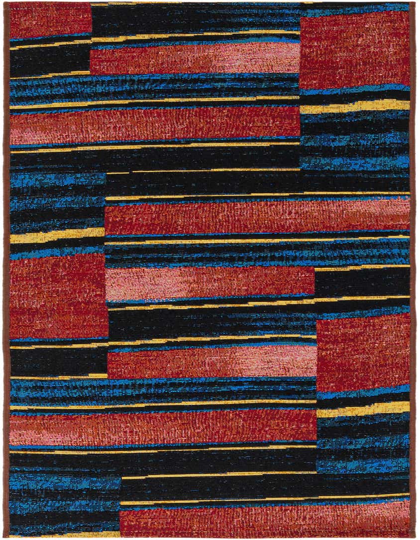 A vibrant 5 ft runner rug with a modern stripe pattern in black, red, blue, and yellow, suitable for a hallway or patio.