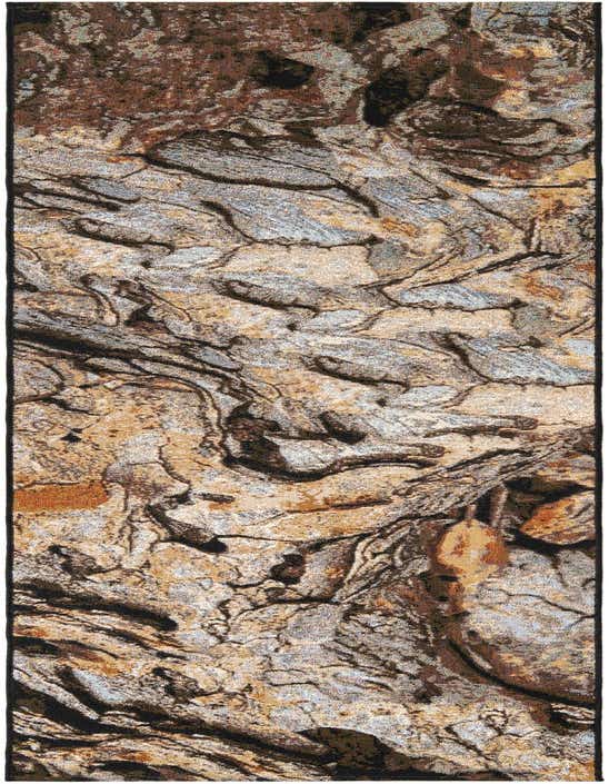 A 10 ft runner rug with an abstract, multi-colored pattern resembling tree bark in shades of brown, black, and light gray, suitable for a hallway or patio.