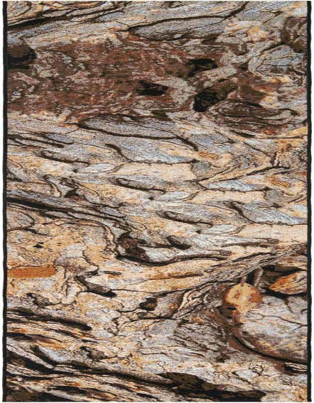 A 12 ft runner rug with an abstract, multi-colored pattern resembling natural rock or wood grain, ideal for a patio or hallway.
