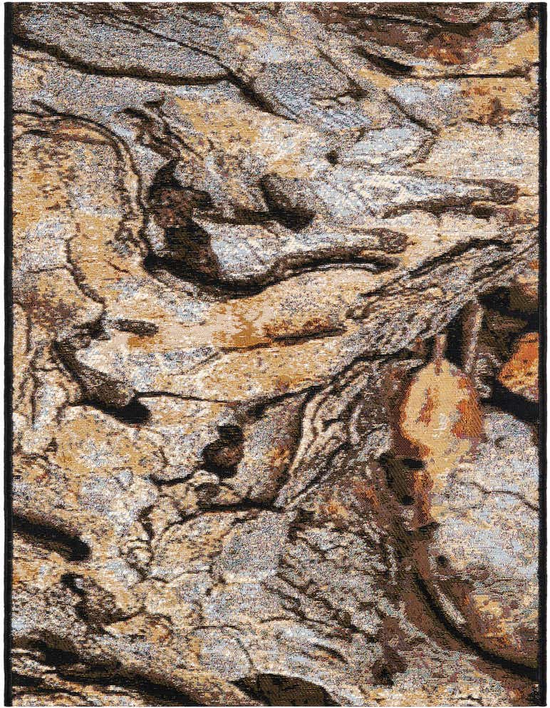 A 5 ft runner rug with a multi-colored abstract pattern, featuring earthy tones, blues, and blacks, suitable for a hallway or patio.