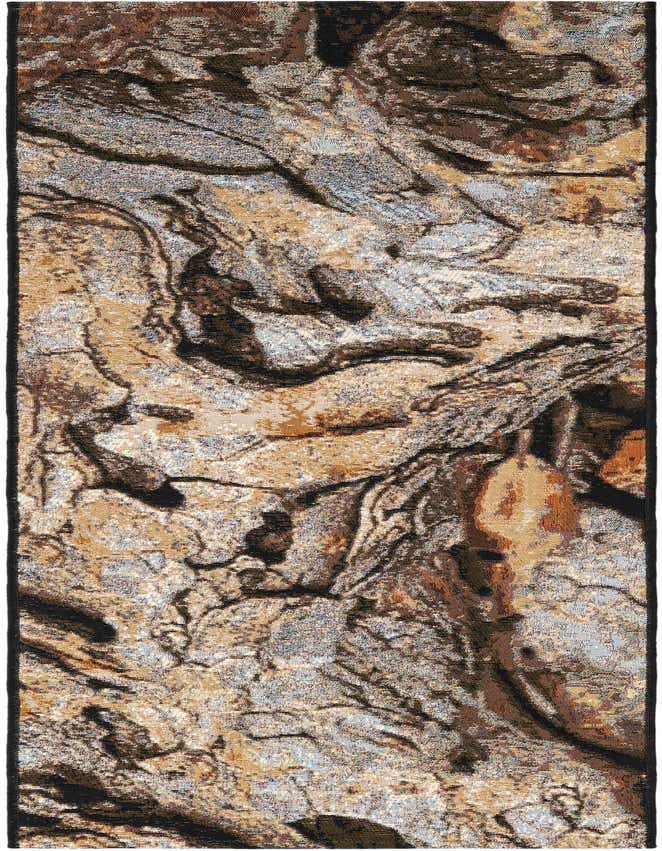 A 6 ft runner rug with an abstract, multi-colored pattern resembling tree bark in shades of brown, beige, and black.