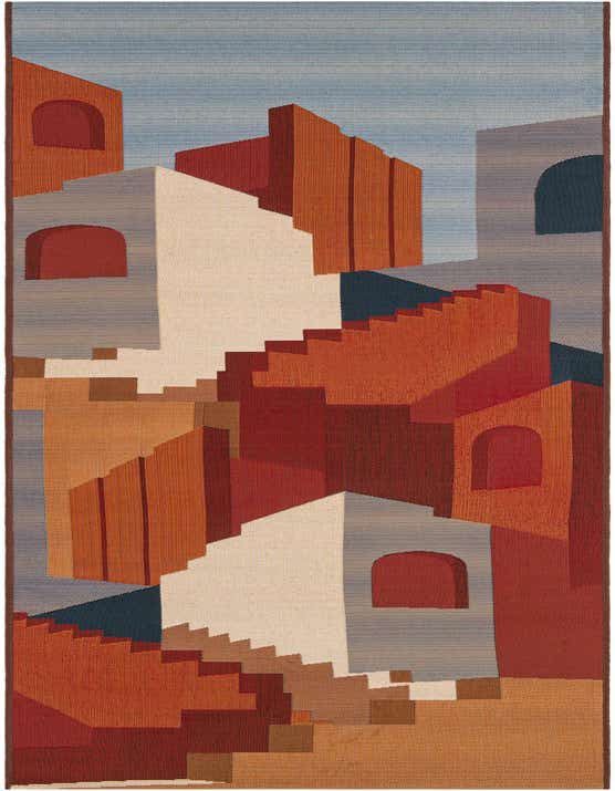 A 10 ft runner rug featuring a modern abstract design with Southwestern influences, depicting multi-colored architectural shapes in shades of red, orange, blue, and cream.