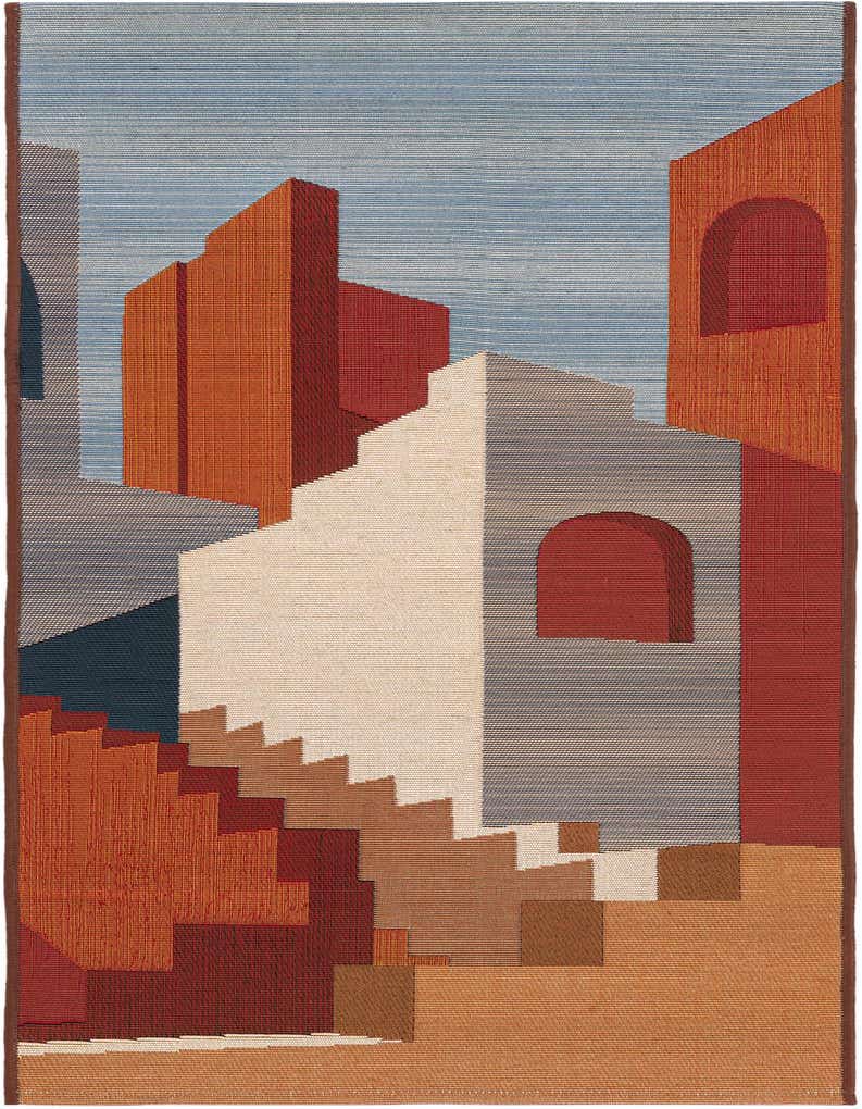 A multi-colored 5 ft runner rug with an abstract Southwestern pattern featuring geometric shapes in shades of blue, orange, red, and beige.