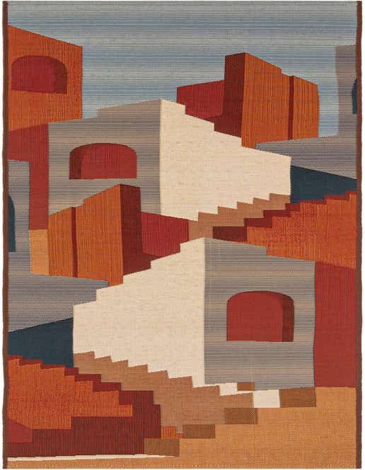 A multi-colored 8 ft runner rug featuring an abstract Southwestern pattern with terracotta, rust, cream, and blue architectural shapes and stairs.