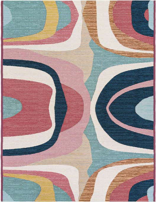 A 10 ft runner rug featuring a vibrant, multi-colored abstract pattern with wavy shapes in teal, pink, navy, yellow, and white.