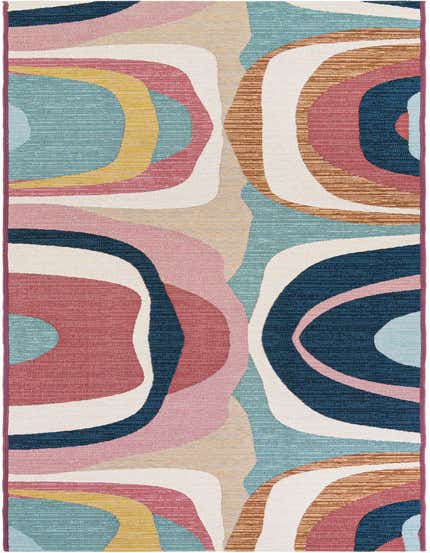A 12 ft multi-colored modern runner rug with abstract, flowing shapes in pink, blue, yellow, and white, suitable for a hallway or patio.