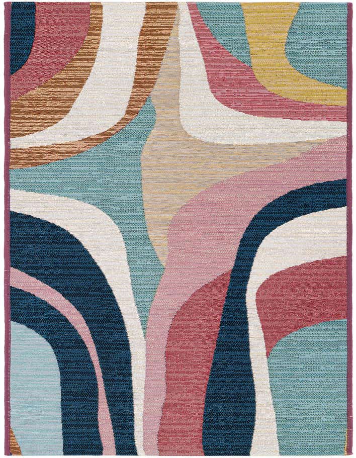 A 6 ft runner rug featuring a modern abstract pattern with flowing curves in shades of blue, pink, red, yellow, and white.