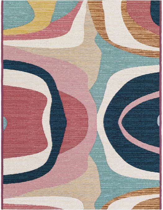 A vibrant 8 ft runner rug featuring a modern abstract pattern with bold, flowing shapes in teal, navy, pink, red, yellow, and white.